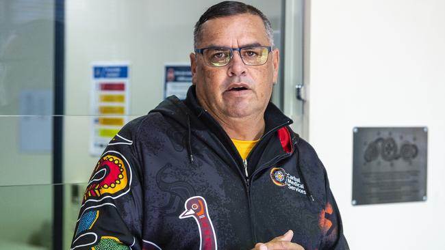 Charlie Rowe of Carbal Medical Services addresses the gathering at the launch of the Look to the Stars plaque at Oakey Police station during NAIDOC Week, Friday, July 8, 2022. Picture: Kevin Farmer