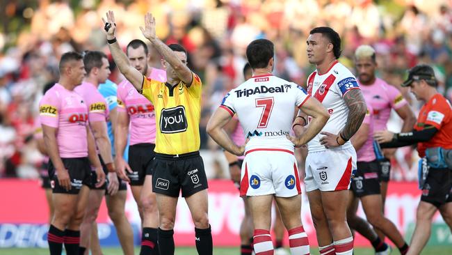 A stunned Jaydn Su'A reacts to being sent to the sin bin. Picture: Getty