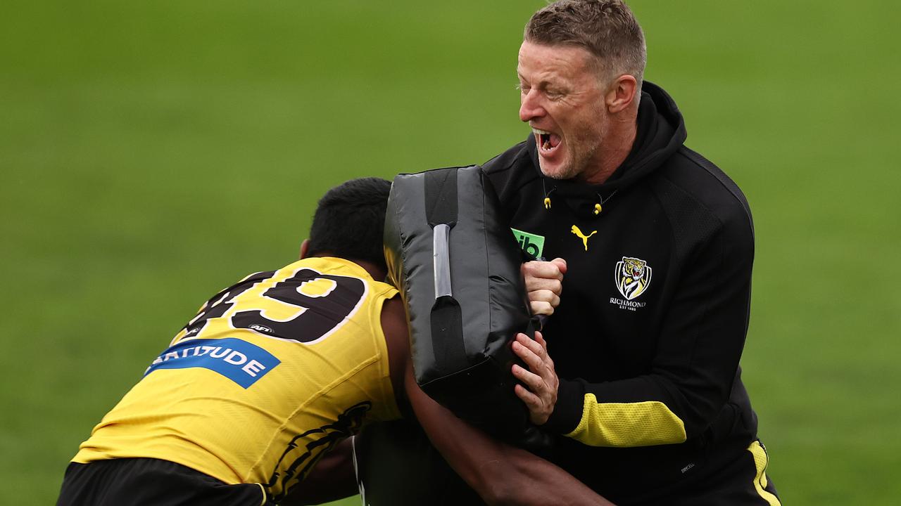 Damien Hardwick may have regretted taking the tackle bag. Picture: Michael Klein