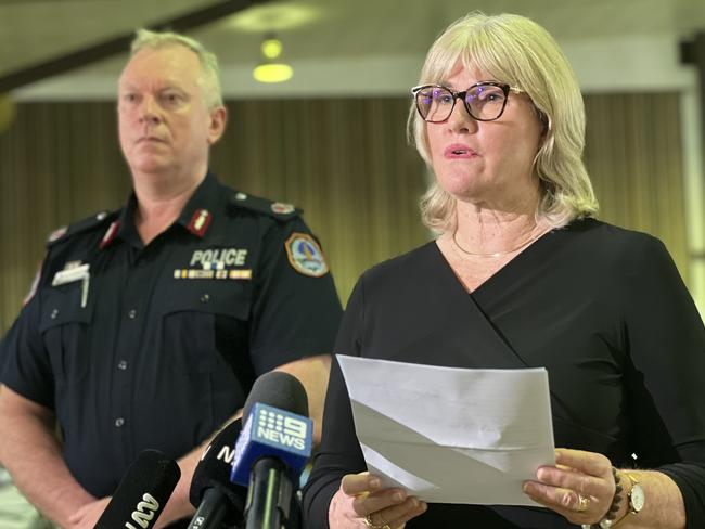 Chief Minister Eva Lawler provides an update on the flooding emergency, with Acting Assistant Commissioner Matt Hollamby. Picture: Fia Walsh