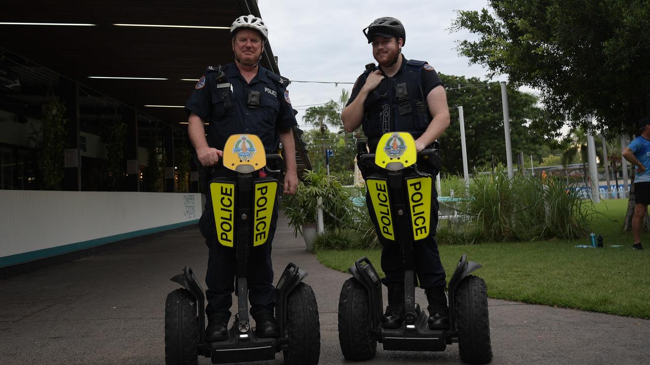 Darwin eye candy on Segways (NT Police) at the Australia Day 2023 fun run at Darwin Waterfront. Picture: (A)manda Parkinson