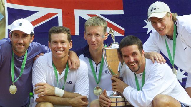 Australia coach Darren Cahill with 2001 World Team Cup-winning players Scott Draper, Wayne Arthurs, Pat Rafterand Lleyton Hewitt.