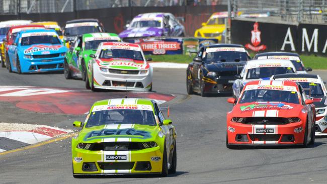 Aussie Racing Car driver Justin Ruggier leads race 1 in his Mustang. Picture: AAP Image/Brenton Edwards