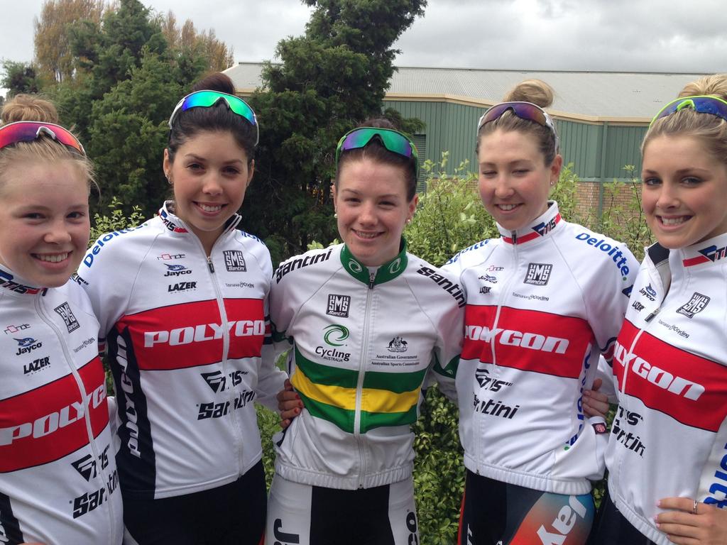 Tasmanian cyclists Lauren Perry, Georgia Baker, Amy Cure, Grace Sulzberger and Macey Stewart in 2013.