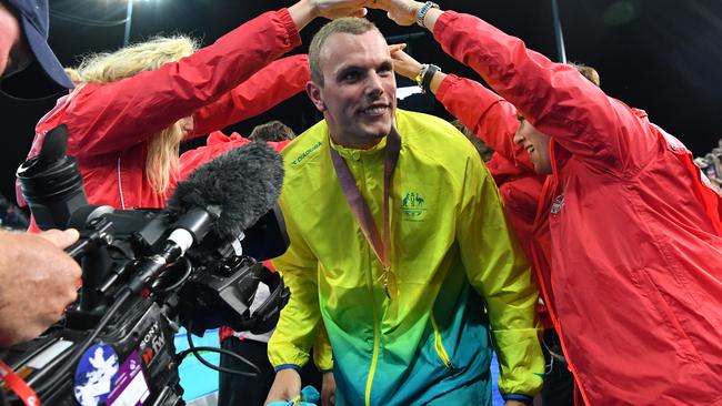 Kyle Chalmers after the medal ceremony for the Men’s 4x100m Medley Relay Final. Picture: AAP.