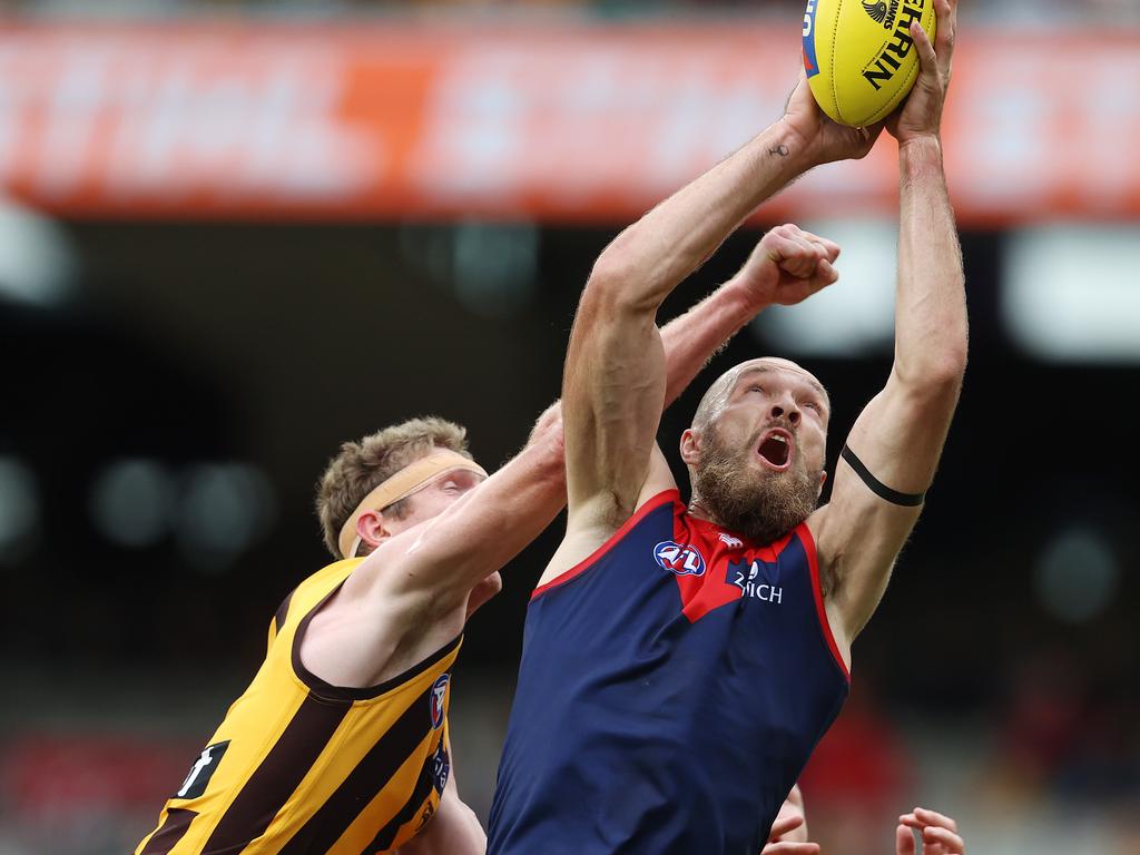 Max Gawn of the Demons marks infant of Hawthorns Ben McEvoy during the 1st qtr. . Pic: Michael Klein