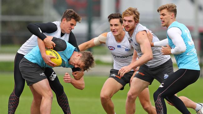 Tough midfielder Trent Dumont in the thick of the action. Picture: Getty
