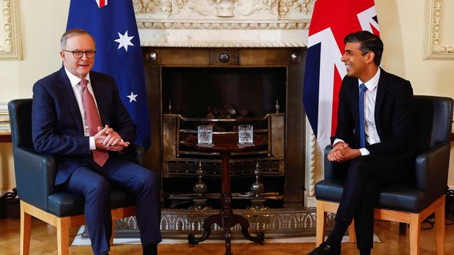 Anthony Albanese and British counterpart Rishi Sunak at Downing Street on coronation eve. Picture: Getty Images