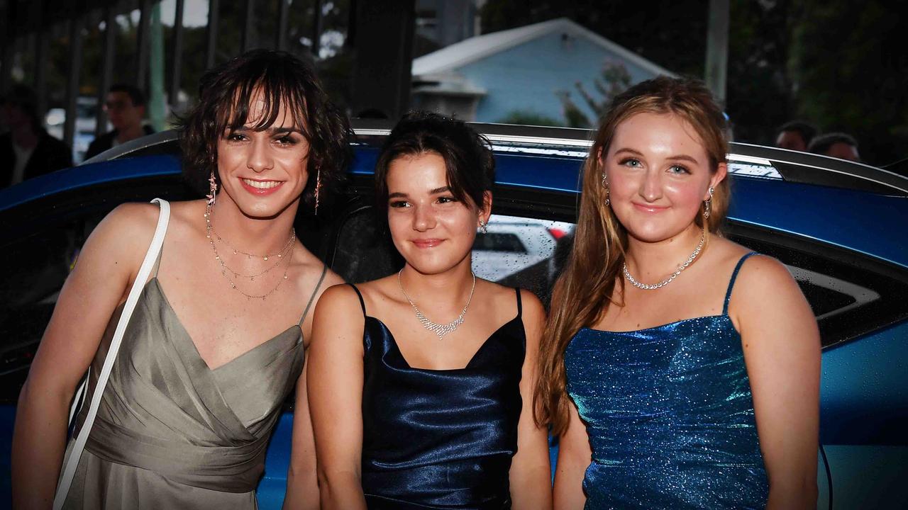 Finlea, Charlotte and Jade at Caloundra State High School formal. Picture: Patrick Woods.