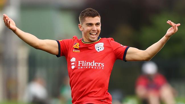 Adelaide United midfielder Nathan Konstandopoulos celebrates his late winner against Western United. Picture: Robert Cianflone/Getty Images