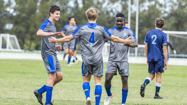 Jackson Simpkin celebrates a goal in the GPS First XI football match between Brisbane Grammar School and Anglican Church Grammar School. Picture: Richard Walker