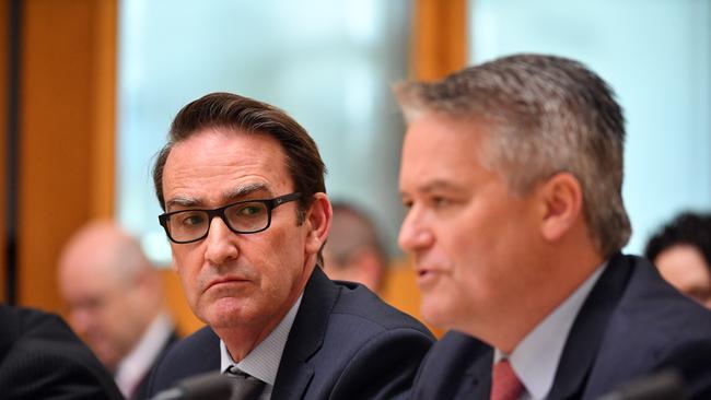 Secretary to the Treasury Dr Steven Kennedy and Minister for Finance Mathias Cormann appear before a Senate Estimates hearing. Picture: AAP