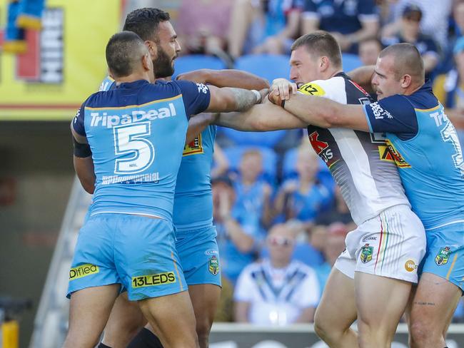 A melee breaks out during the Round 22 NRL match between the Gold Coast Titans and the Penrith Panthers at Cbus Super Stadium on the Gold Coast, Saturday, August 11, 2018. Picture: AAP Image/Glenn Hunt