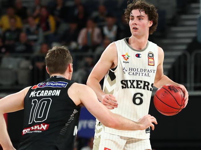 MELBOURNE, AUSTRALIA - APRIL 24: Josh Giddey of the 36ers dribbles the ball  during the round 15 NBL match between Melbourne United and the Adelaide 36ers at John Cain Arena, on April 24, 2021, in Melbourne, Australia. (Photo by Kelly Defina/Getty Images)