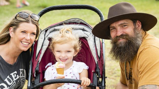 At Meatstock are (from left) Dayna Wedlock, Isla Green and Samuel Green at Toowoomba Showgrounds, Saturday, April 9, 2022. Picture: Kevin Farmer