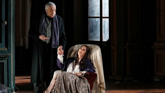 Gennadi Dubinsky as Doctor Grenvil and Nicole Car as Violetta Valéry in Opera Australia's 2018 production of La Traviata at the Sydney Opera House. Picture: Prudence Upton