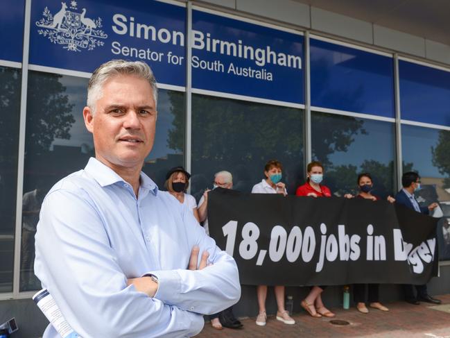 Dennis Bunnik, joint-ceo Bunnik Tours with a small group of travel agents protesting outside the office of South Australian Senator Simon Birmingham. Picture: Brenton Edwards