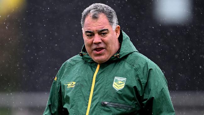 CHRISTCHURCH, NEW ZEALAND - OCTOBER 26: Coach Mal Meninga looks on during an Australian Kangaroos captain's run at Apollo Projects Stadium on October 26, 2024 in Christchurch, New Zealand. (Photo by Joe Allison/Getty Images)