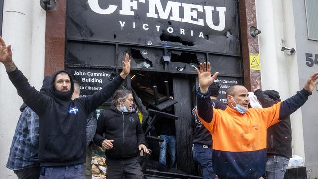 Protesters have rallied at the front of the CFMEU head office. Picture: NCA NewsWire / David Geraghty