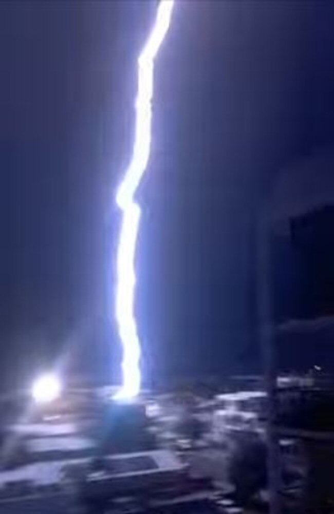 A screenshot from footage showing a massive lightning strike at Redcliffe on Wednesday night. Picture: Facebook