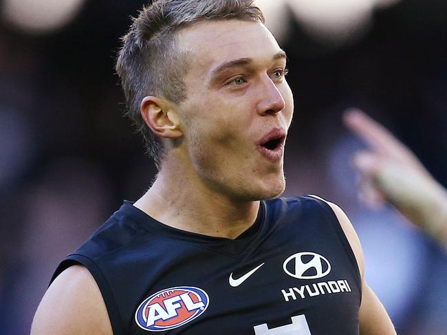 AFL Round 12. 08/06/2019. Carlton v Brisbane Lions at Marvel Stadium, Melbourne.  Patrick Cripps of the Blues celebrates a goal in the 4th qtr   .  Pic: Michael Klein