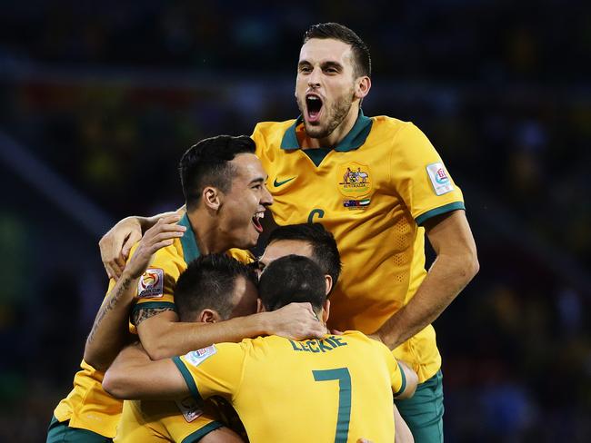 Australia celebrates a goal by Trent Sainsbury. Picture: Brett Costello