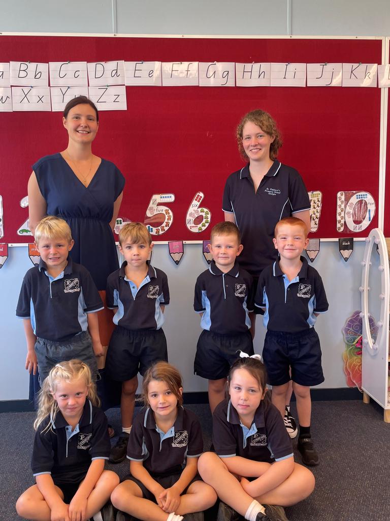 MY FIRST YEAR 2024: St Finbarrs School, Quilpie teacher Mrs Hennessey (left) and teacher's aide Miss Millie with Prep students (middle row, from left) George, Kolt, Archer and Parker and (front row, from left) Sadie, Ruth, and Amber.