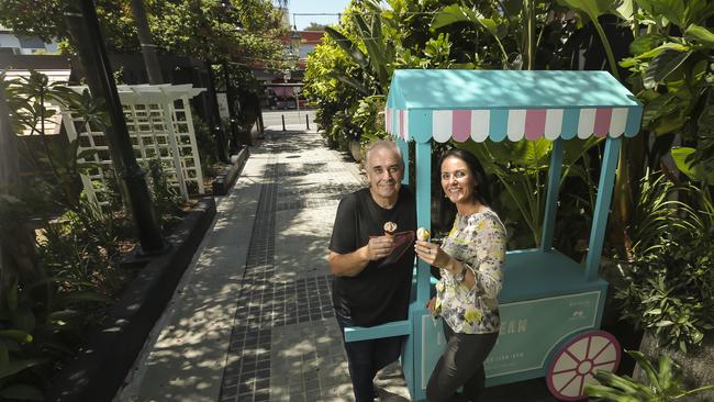 QUEENSLAND TASTE KITCHEN CONFIDENTIAL. Chefs Dominique Rizzo and Philip Johnson with ice-cream cart at West Village in West End. Pic Mark Cranitch.