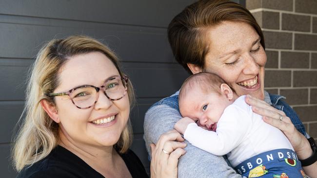 Elouise Quinlivan (left) and Kim Clancy with their baby son Quinn Clancy, Monday, April 18, 2022. Picture: Kevin Farmer