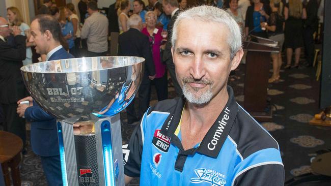 Adelaide Strikers coach Jason Gillespie with the winners trophy during a civic reception at Adelaide Town Hall, Thursday, February 22, 2018. Strikers received a civic reception for winning the BBL. (AAP Image/ Brenton Edwards)