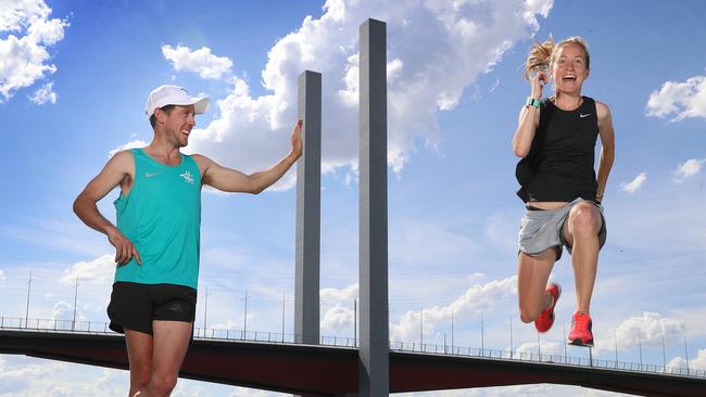 Moonee Ponds couple Charlotte Wilson and Liam Adams are hoping for three-peat of their Run for the Kids long course wins in 2019. Picture: Alex Coppel