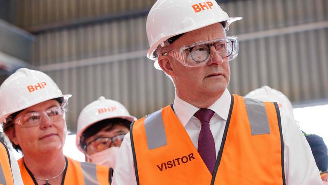 Anthony Albanese looks on during a visit to BHP Nickel West Kwinana Nickel Refinery in 2022. Picture: Richard Wainwright/AFP