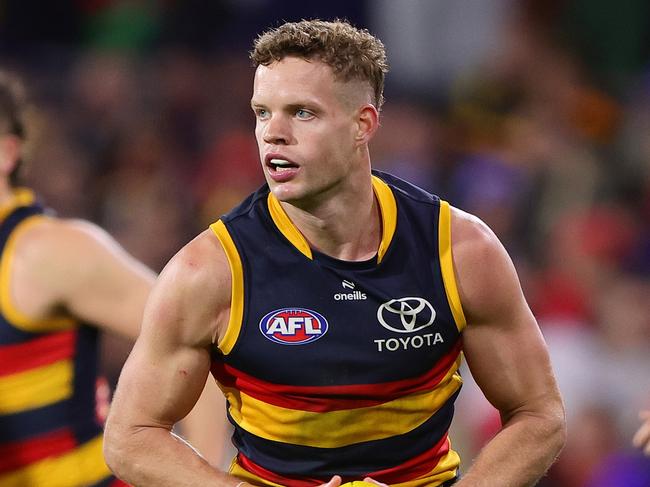 ADELAIDE, AUSTRALIA - JUNE 15: Mitchell Hinge of the Crows during the 2024 AFL Round 14 match between the Adelaide Crows and the Sydney Swans at Adelaide Oval on June 15, 2024 in Adelaide, Australia. (Photo by Sarah Reed/AFL Photos via Getty Images)