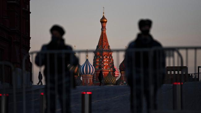 Police officers block access to Red Square in central Moscow.