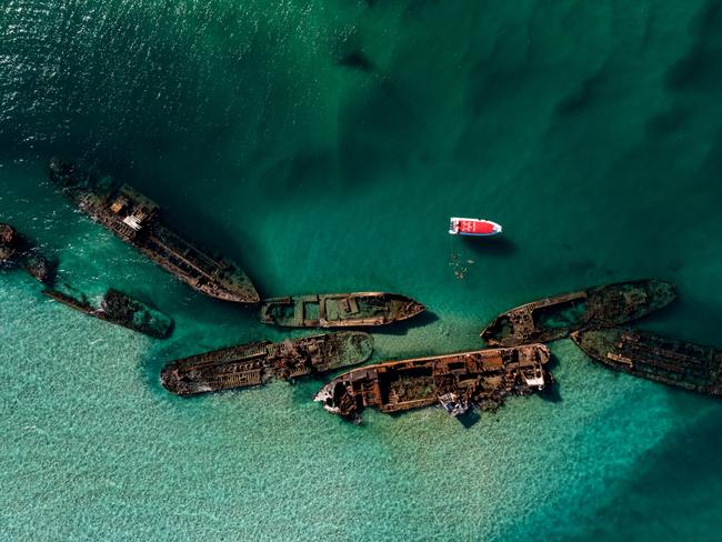 Aerial view of the Tangalooma Wrecks at Moreton Island. Picture: Tourism Queensland