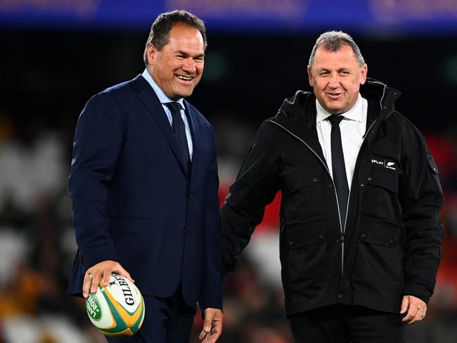 Former Wallabies coach Dave Rennie with Ian Foster in 2022. Picture: Hannah Peters/Getty Images