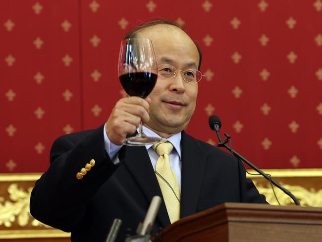 CANBERRA, AUSTRALIA - NewsWire Photos JANUARY 10, 2023: Press conference with Ambassador Xiao Qian with a glass of red wine making a toast, at the Chinese Embassy in Canberra.Picture: NCA NewsWire / Gary Ramage