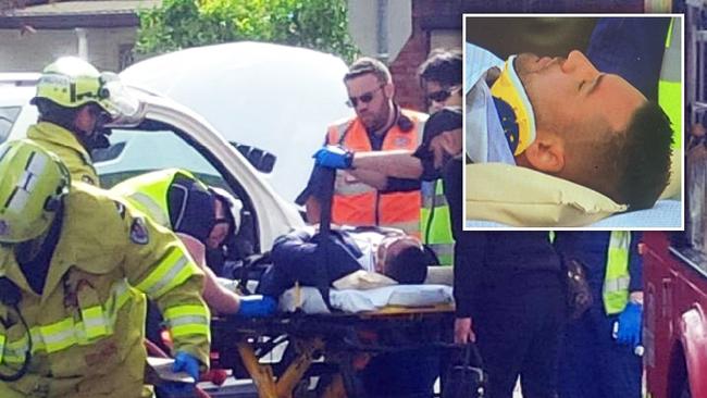 Images of Salim Mehajer, inset, and on stretcher have appeared on Twitter. Picture: @9NewsSyd