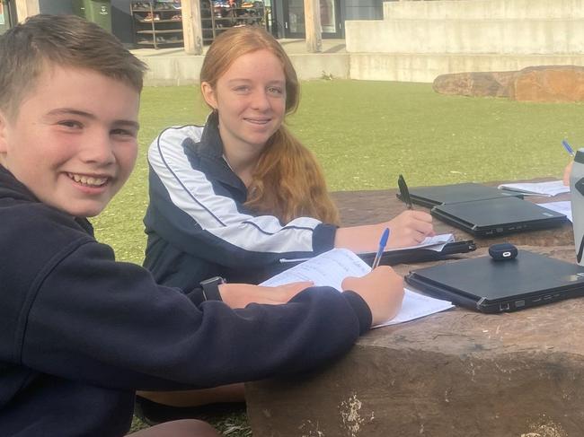 Apollo Bay P-12 Year 9 students have made huge gains in NAPLAN writing. The principal says teachers made students put laptops away and go back to pencil and paper in English lessons, which has helped. Pictured, last year's Year 9 students.