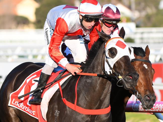 Jockey Anthony Darmanin rides Mystic Journey to win race 8, the P.B. Lawrence Stakes, during the P.B. Lawrence Stakes Day at Caulfield Racecourse in Melbourne, Saturday, August 17, 2019. (AAP Image/Vince Caligiuri) NO ARCHIVING, EDITORIAL USE ONLY