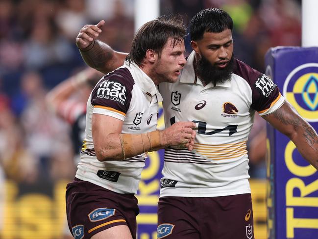 SYDNEY, AUSTRALIA - MARCH 06: Jack Gosiewski of the Broncos celebrates a a try during the round one NRL match between Sydney Roosters and Brisbane Broncos at Allianz Stadium, on March 06, 2025, in Sydney, Australia. (Photo by Matt King/Getty Images)