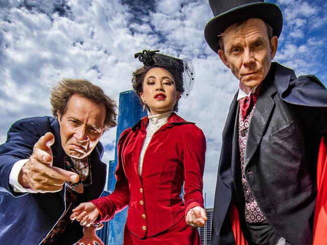 Sherlock Holmes Play.Actors Eugene Gilfedder, Kimie Tsukakoshi and Anthony Gooley who are starring in The Mystery of the Valkyrie at QPAC.Picture: NIGEL HALLETT