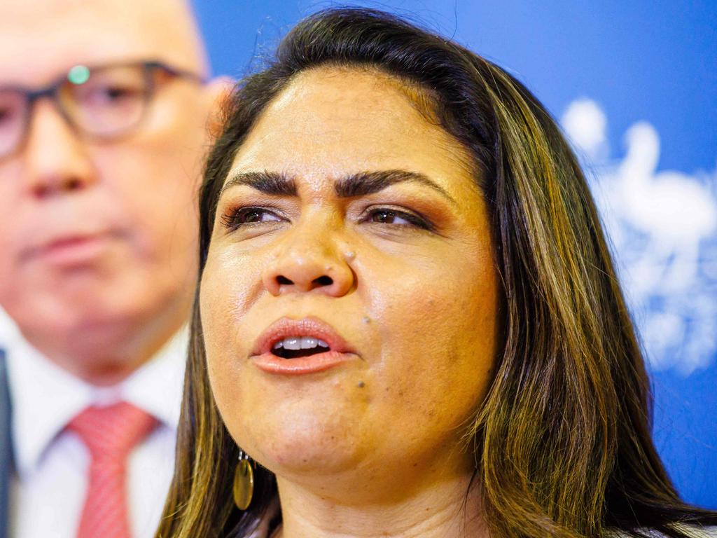 Attending a Brisbane press conference with Opposition Leader Peter Dutton, Senator Jacinta Nampijinpa Price was strongly opposed to the Indigenous Voice to Parliament. Picture: Patrick Hamilton/AFP