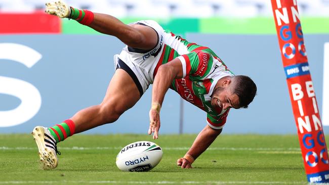 Rookie winger Braidon Burns scored two tries for the Rabbitohs against the Dragons. Picture: Brett Costello