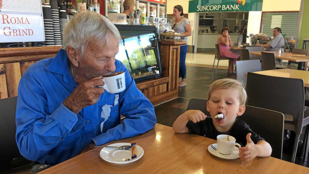 Jack and Finn Owen enjoying a cappacino (and babycino) at Roma Grind.