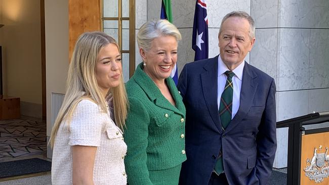 Former federal Labor leader Bill Shorten announces his retirement at Parliament House in Canberra with his wife Chloe and daughter Clementine by his side. Picture: NewsWire.