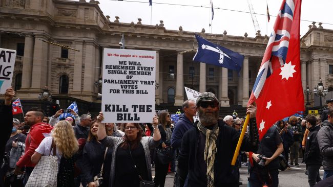 Protesters gathered outside the state library before moving to state parliament. Picture: NCA NewsWire / Daniel Pockett