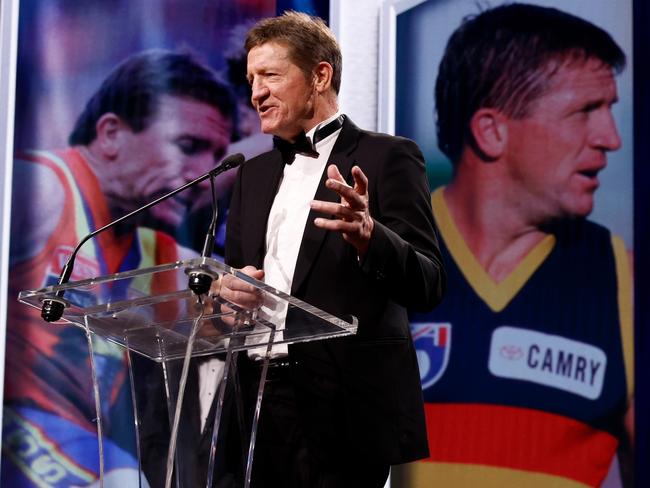 MELBOURNE, AUSTRALIA - JUNE 18: Chris McDermott, AFL Hall of Fame Inductee addresses the gathering during the Australian Football Hall of Fame at CENTREPIECE on June 18, 2024 in Melbourne, Australia. (Photo by Michael Willson/AFL Photos via Getty Images)