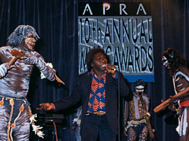 WARNING: contains image of a deceased Indigenous person. APRA winners Yothu Yindi perform Treaty at the 1995 APRA Awards. Picture: Supplied