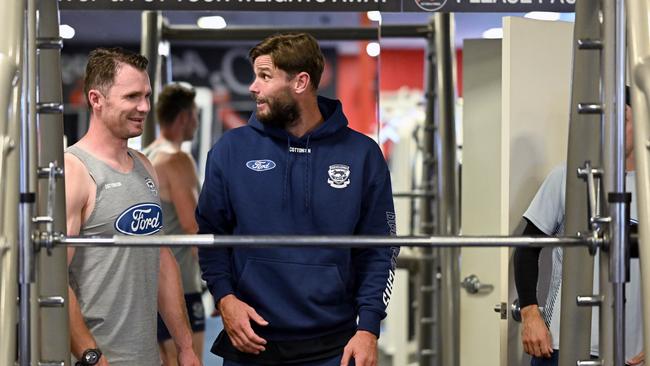 WARRNAMBOOL, AUSTRALIA - FEBRUARY 06: Patrick Dangerfield and Tom Hawkins of the Cats train during the Geelong Cats AFL Community Camp at Warrnambool 24/7 on February 06, 2023 in Warrnambool, Australia. (Photo by Morgan Hancock/Getty Images)